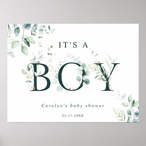 Eucalyptus Botanical Green Letter Boy Baby Shower Poster