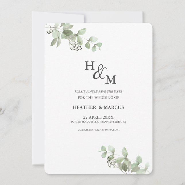 Eucalyptus Botanical Green Sophisticated Wedding S Save The Date (Front)