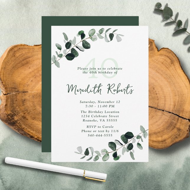 Eucalyptus Botanical Greenery 40th Birthday Invitation (Eucalyptus Botanical Greenery Nature-Inspired 40th Birthday Party Invitation)