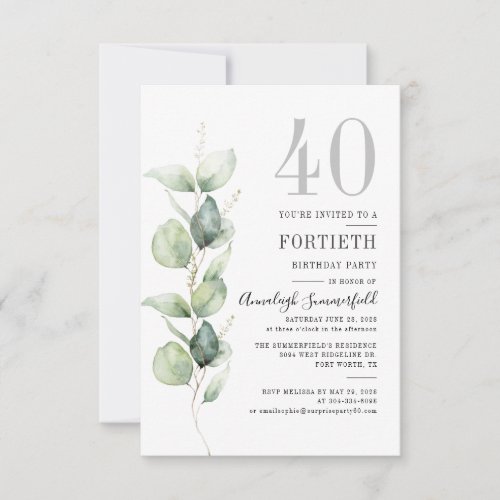 Eucalyptus Botanical Greenery 40th Birthday Party Invitation