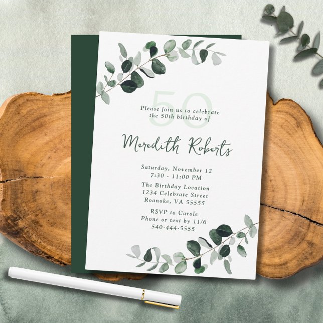 Eucalyptus Botanical Greenery 50th Birthday Invitation (Eucalyptus Botanical Greenery 50th Birthday Party Invitation)