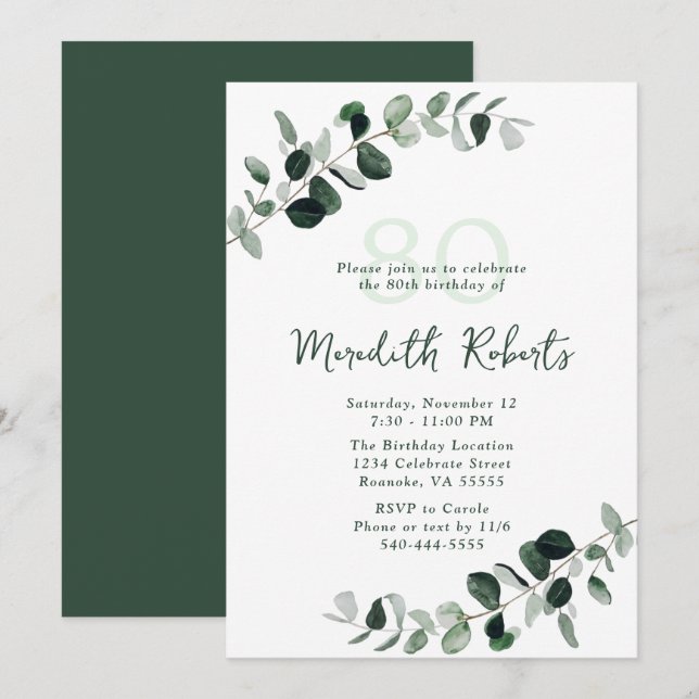 Eucalyptus Botanical Greenery 80th Birthday Invitation (Front/Back)