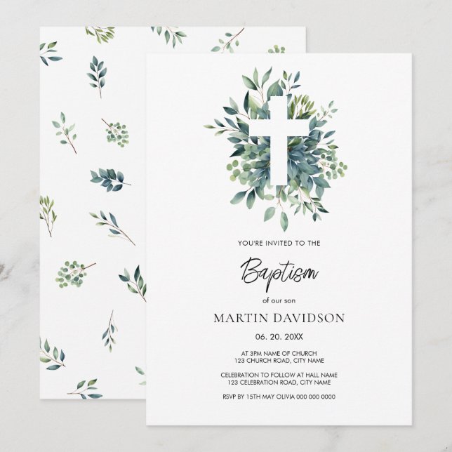 Eucalyptus botanical greenery Baptism Christening Invitation (Front/Back)