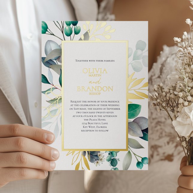 Eucalyptus Botanical Greenery Garden Wedding Gold Foil Invitation (Creator Uploaded)