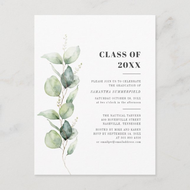 Eucalyptus Botanical Greenery Graduation Party Invitation Postcard (Front)
