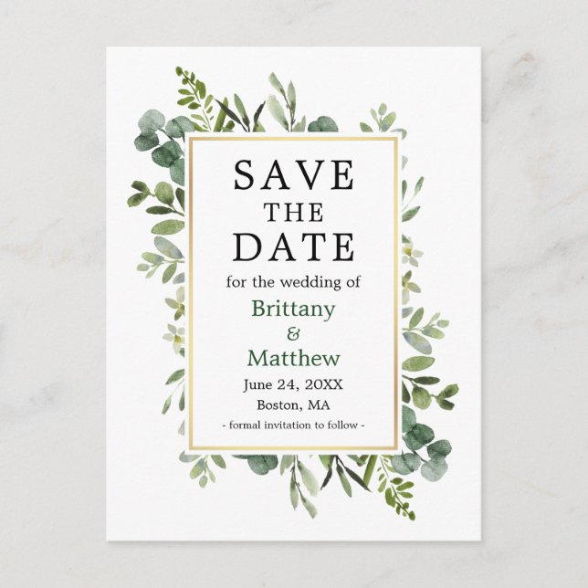 Eucalyptus Botanical Greenery Save The Date Postcard (Front)
