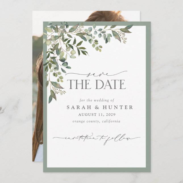 Eucalyptus Botanical Greenery Script Photo Wedding Save The Date (Front/Back)