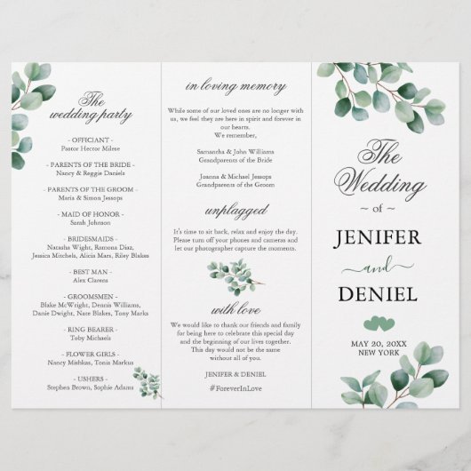 Eucalyptus Botanical Greenery Wedding Programme (Front)