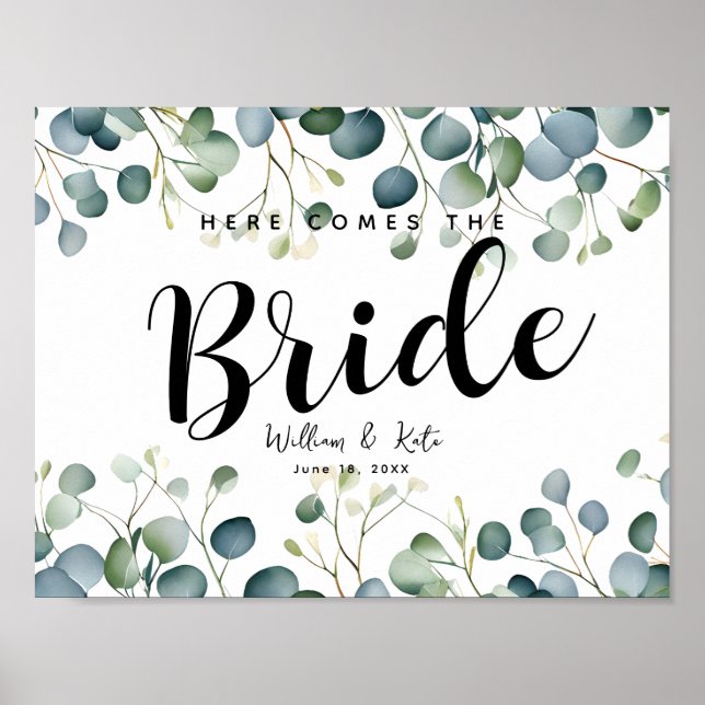 Eucalyptus botanical here comes the bride wedding poster (Front)