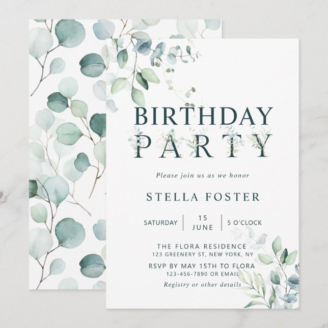 Eucalyptus Botanical Letter Birthday Party Invitation (Front/Back)
