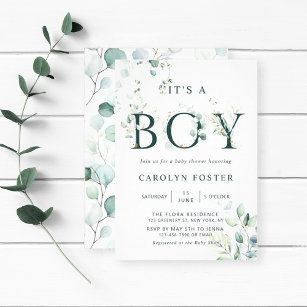 Eucalyptus Botanical Letter Boy Baby Shower Invitation