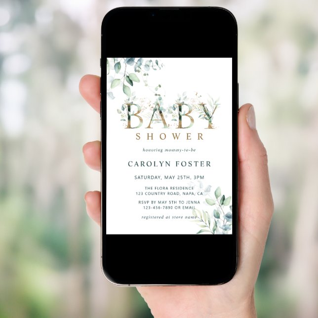 Eucalyptus Botanical Letter Gold Baby Shower Invitation (Front Digital)