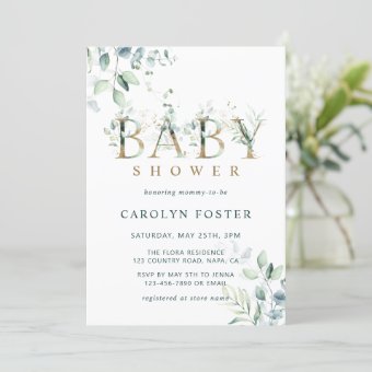 Eucalyptus Botanical Letter Gold Baby Shower Invitation | Zazzle