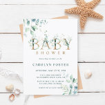 Eucalyptus Botanical Letter Gold Baby Shower Invitation<br><div class="desc">This baby shower invitation features painted watercolor eucalyptus and green leaves with botanical gold letters. For more advanced customization of this design,  please click Customize Further link to change font,  size,  and color.</div>