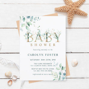 Eucalyptus Botanical Letter Gold Baby Shower Invitation