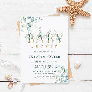 Eucalyptus Botanical Letter Gold Baby Shower Invitation