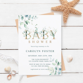 Eucalyptus Botanical Letter Gold Baby Shower Invitation by cardsbyflora at Zazzle