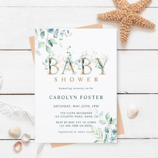 Eucalyptus Botanical Letter Gold Baby Shower Invitation