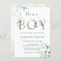 Eucalyptus Botanical Letter Gold Boy Baby Shower Invitation