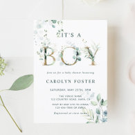 Eucalyptus Botanical Letter Gold Boy Baby Shower Invitation