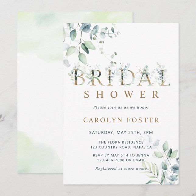 Eucalyptus Botanical Letter Gold Bridal Shower Invitation (Front/Back)