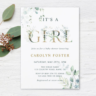 Eucalyptus Botanical Letter Gold Girl Baby Shower Invitation