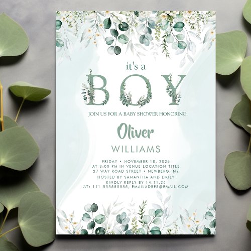 Eucalyptus Botanical Letter Its A Boy Baby Shower Invitation