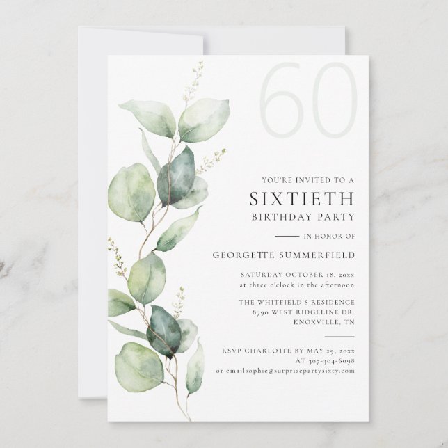 Eucalyptus Botanical Mom 60th Birthday Invitation (Front)