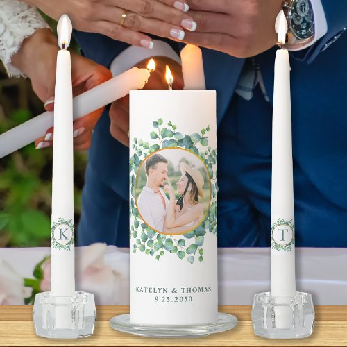 Eucalyptus Botanical Monogram Custom Photo Wedding Unity Candle Set