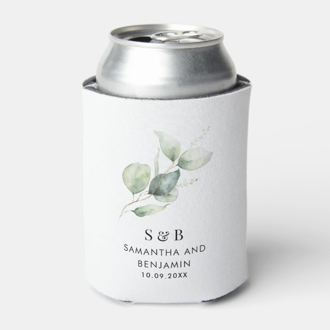 Eucalyptus Botanical Monogram Wedding Can Cooler (Can Front)