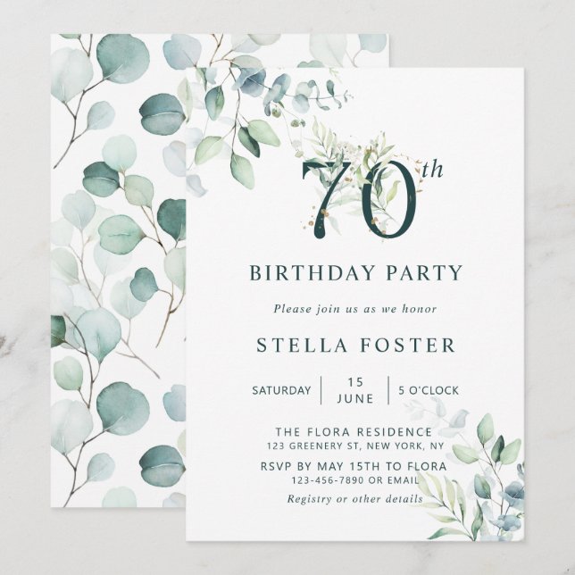Eucalyptus Botanical Number 70th Birthday Party Invitation (Front/Back)