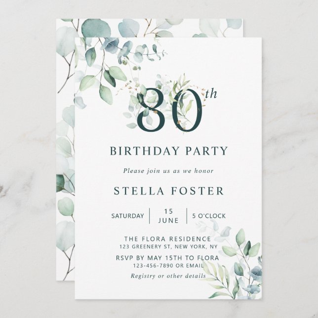 Eucalyptus Botanical Number 80th Birthday Party Invitation (Front/Back)