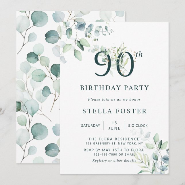 Eucalyptus Botanical Number 90th Birthday Party Invitation (Front/Back)