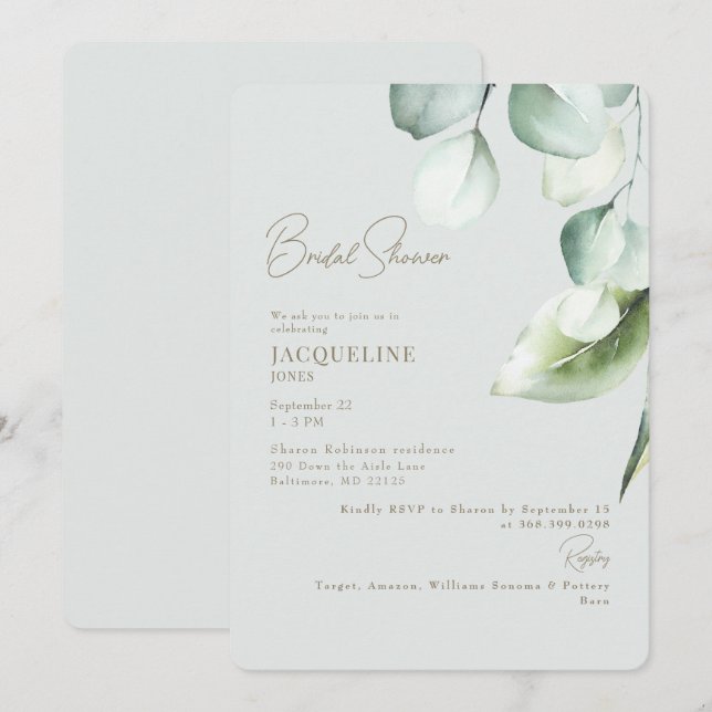 Eucalyptus Botanical Sage Elegant Bridal Shower Invitation (Front/Back)