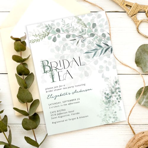 Eucalyptus Botanical Sage Green Bridal Tea Invitation
