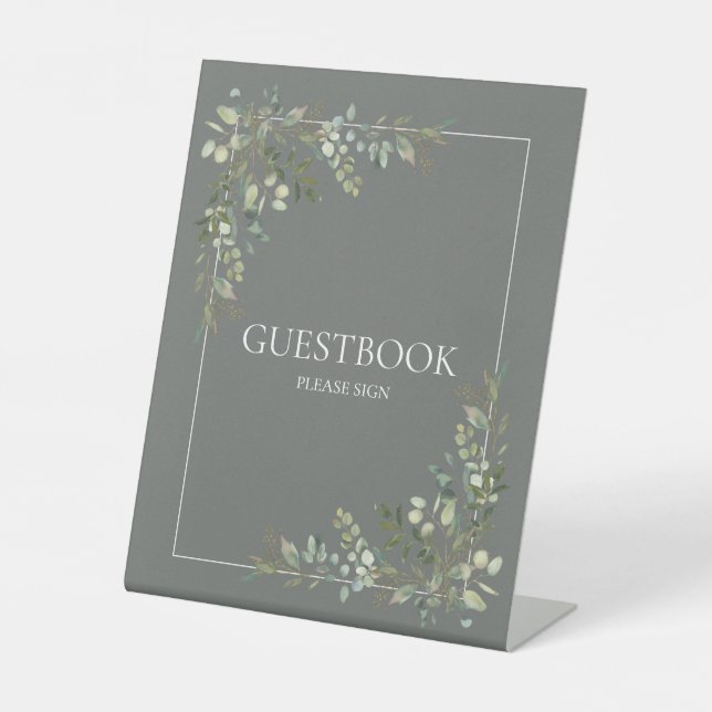 Eucalyptus Botanical Sage Green Guestbook Pedestal Sign (Front)