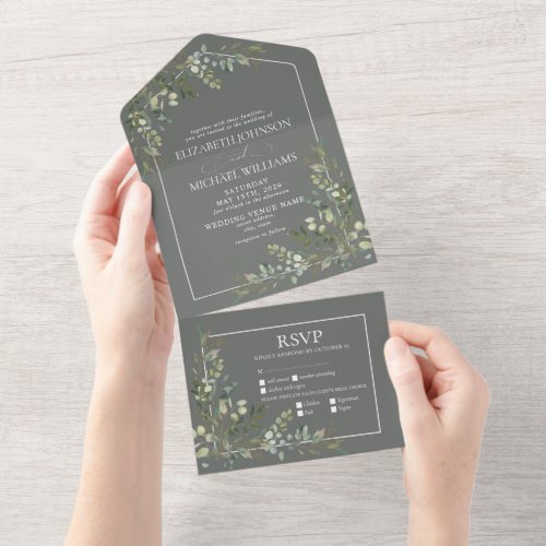 Eucalyptus Botanical Sage Green Meals Wedding  All In One Invitation