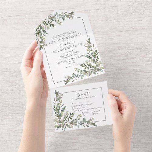 Eucalyptus Botanical Sage Green Meals Wedding All In One Invitation