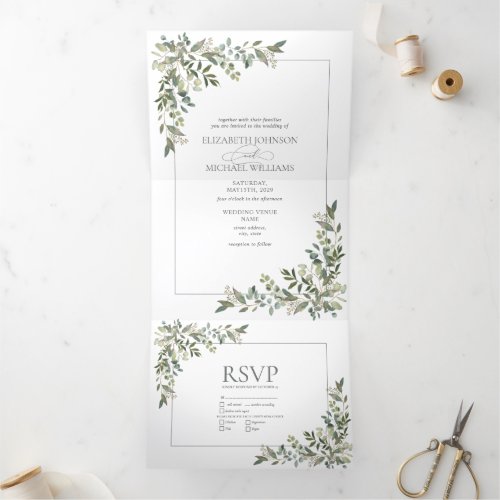 Eucalyptus Botanical Sage Green Meals Wedding Tri_Fold Invitation
