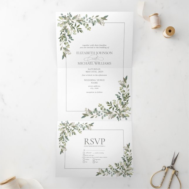 Eucalyptus Botanical Sage Green Meals Wedding Tri-Fold Invitation (Inside)