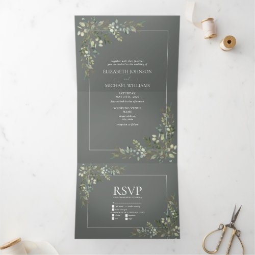Eucalyptus Botanical Sage Green Meals Wedding Tri_Fold Invitation