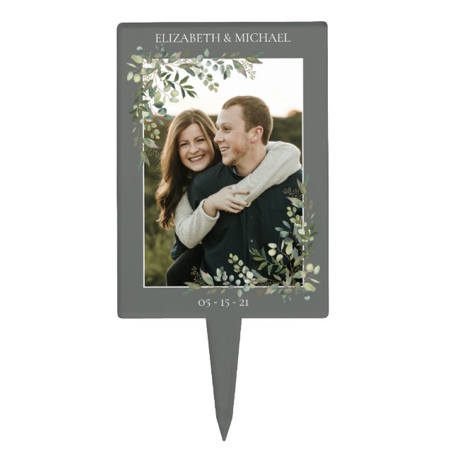 Eucalyptus Botanical Sage Green Photo Wedding Cake Topper (Front)