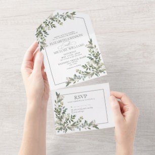 Eucalyptus Botanical Sage Green Script Wedding All In One Invitation