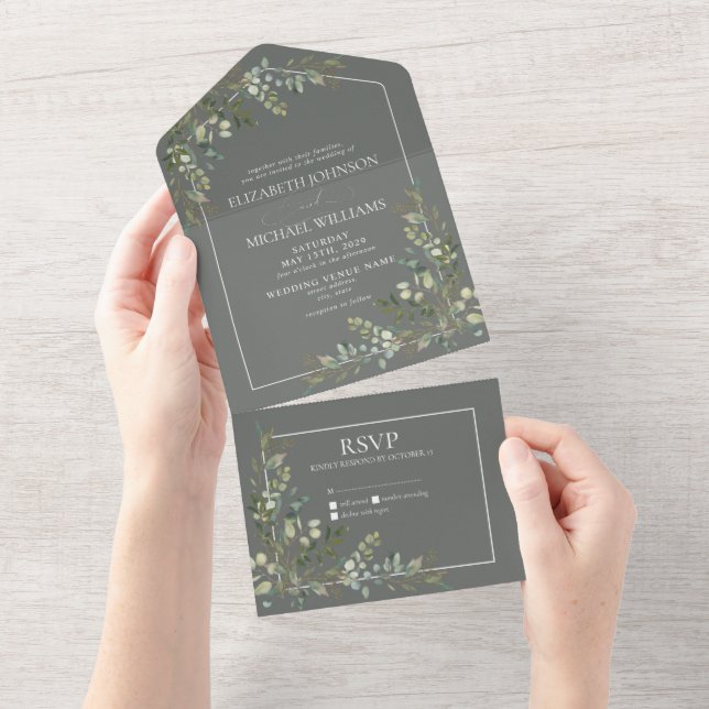 Eucalyptus Botanical Sage Green Script Wedding All In One Invitation (Tearaway)