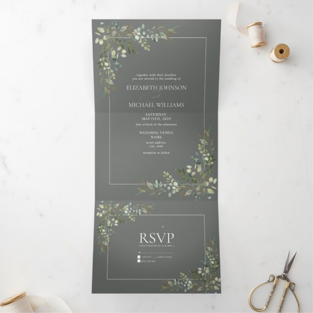 Eucalyptus Botanical Sage Green Script Wedding Tri Tri-Fold Invitation (Inside)