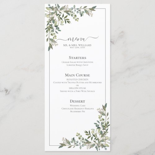 Eucalyptus Botanical Sage Green Wedding Menu