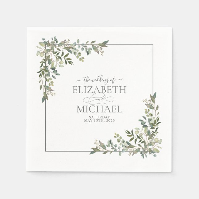 Eucalyptus Botanical Sage Green Wedding Napkins (Front)