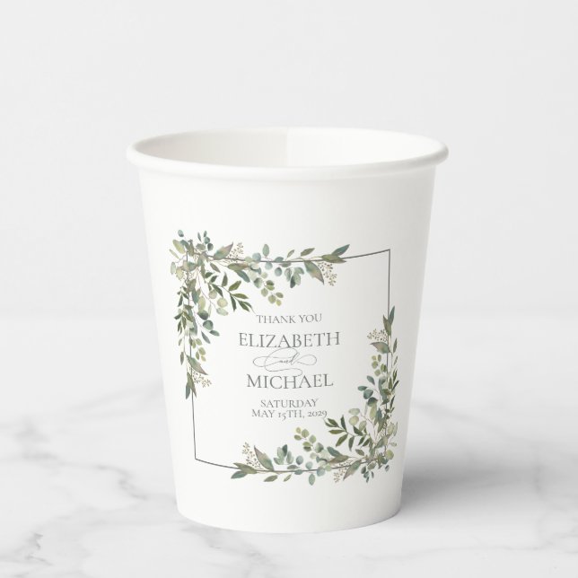 Eucalyptus Botanical Sage Green Wedding Paper Cups (Left)
