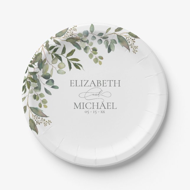 Eucalyptus Botanical Sage Green Wedding Paper Plat Plates (Front)