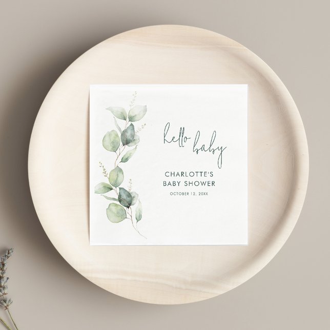 Eucalyptus Botanical Script Baby Shower Paper Napkins (Watercolor Eucalyptus Script Baby Shower Paper Napkin)